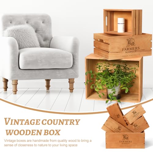 Barydat Set of 5 Wood Crates for Display Decorative Nesting Wooden Crate Storage with Handles Vintage Farmhouse Style Decorative Boxes Multipurpose Fruits Vegetables Boxes(Brown,Classic) - Image 3