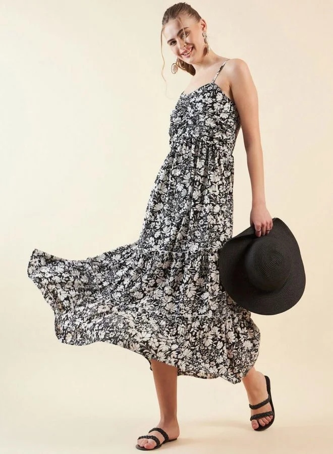 Freehand  Women Fit and Flared Floral Printed V-Neck Sleeveless Midi Dress for Women | Best Price UAE