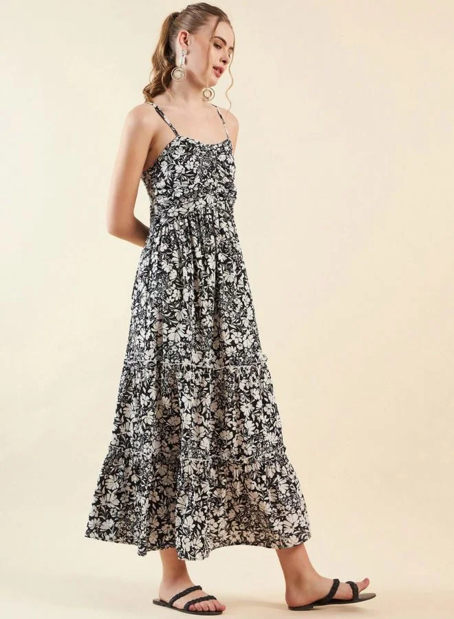 Freehand  Women Fit and Flared Floral Printed V-Neck Sleeveless Midi Dress for Women | Best Price UAE