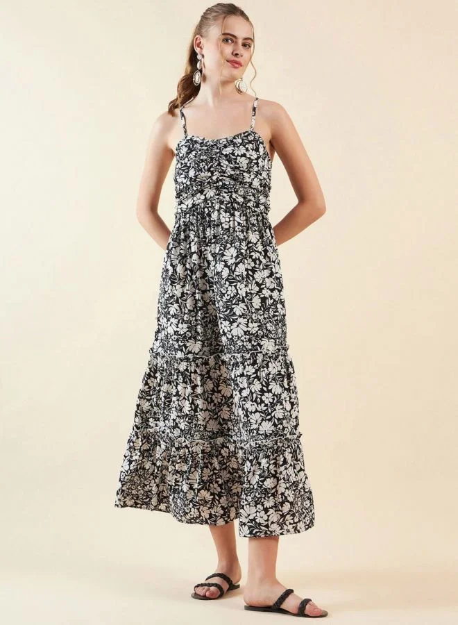 Women Fit and Flared Floral Printed V-Neck Sleeveless Midi Dress