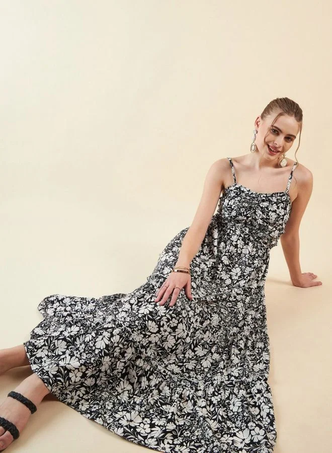 Freehand  Women Fit and Flared Floral Printed V-Neck Sleeveless Midi Dress for Women | Best Price UAE