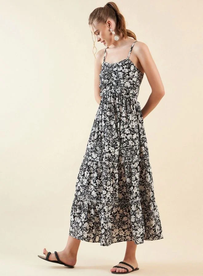 Freehand  Women Fit and Flared Floral Printed V-Neck Sleeveless Midi Dress for Women | Best Price UAE