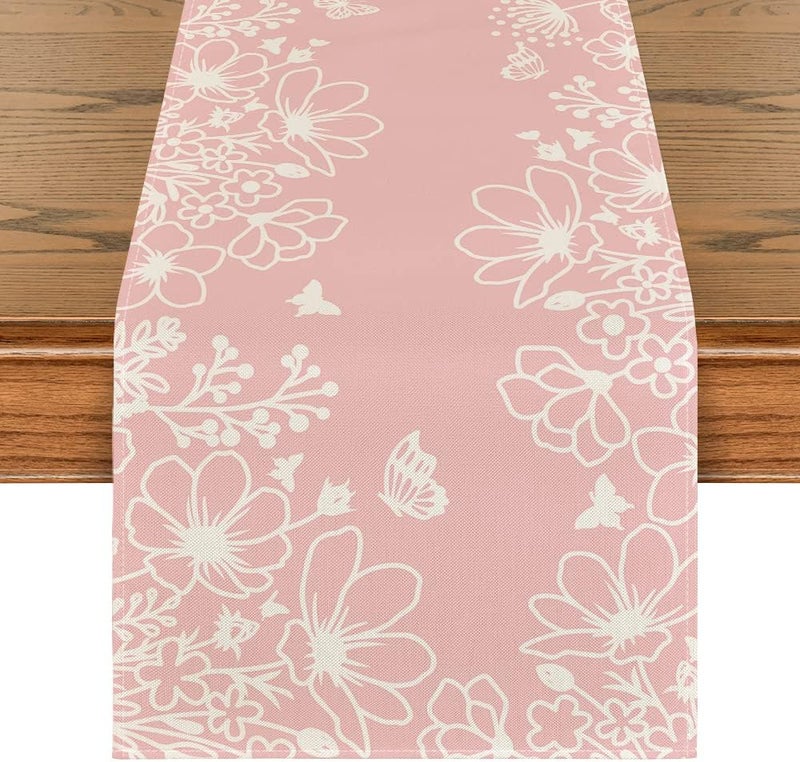 Pink Bloom Flowers Butterfly Spring Table Runner - 13x72 Inch - Image 1