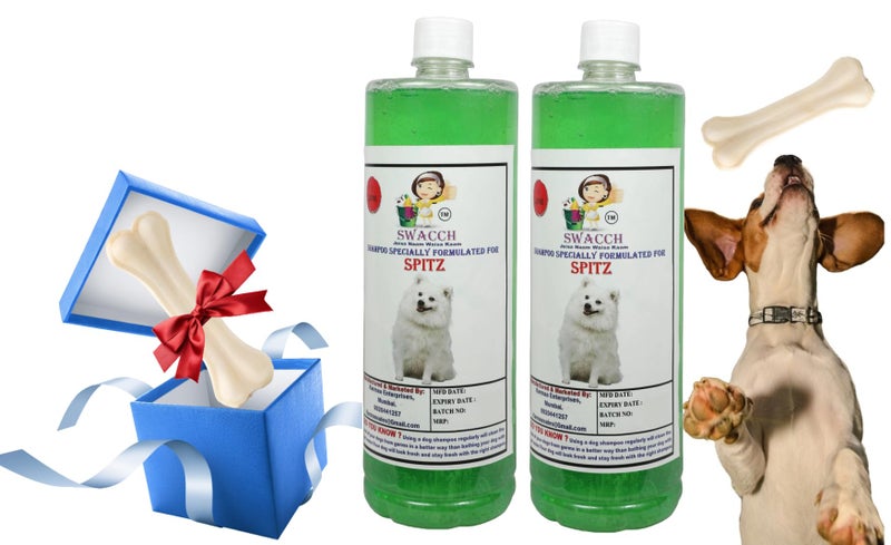swacch Shampoo | Puppy Safe Shampoo | Spitz Dog Shampoo (1 Litre) (Pack of 2) Neem Alovera + Medium White Bone | Dog Chew Bones | Teething chew Toy | Dental Teething |Combo Pack - Image 1
