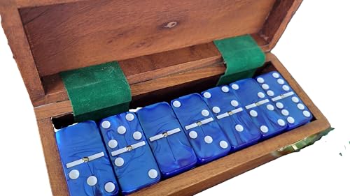 Marion Domino Double Six Dark Blue Marbleized Jumbo Tournament Professional Size with Spinners in Dovetail Sheesham Wood Box - Image 1