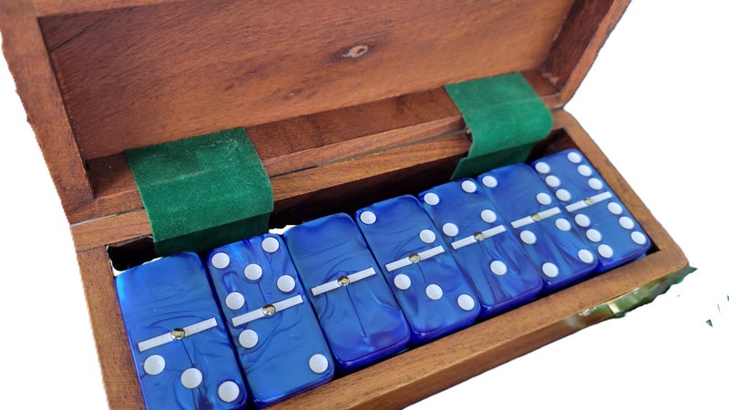 Marion Domino Double Six Dark Blue Marbleized Jumbo Tournament Professional Size with Spinners in Dovetail Sheesham Wood Box - Image 3
