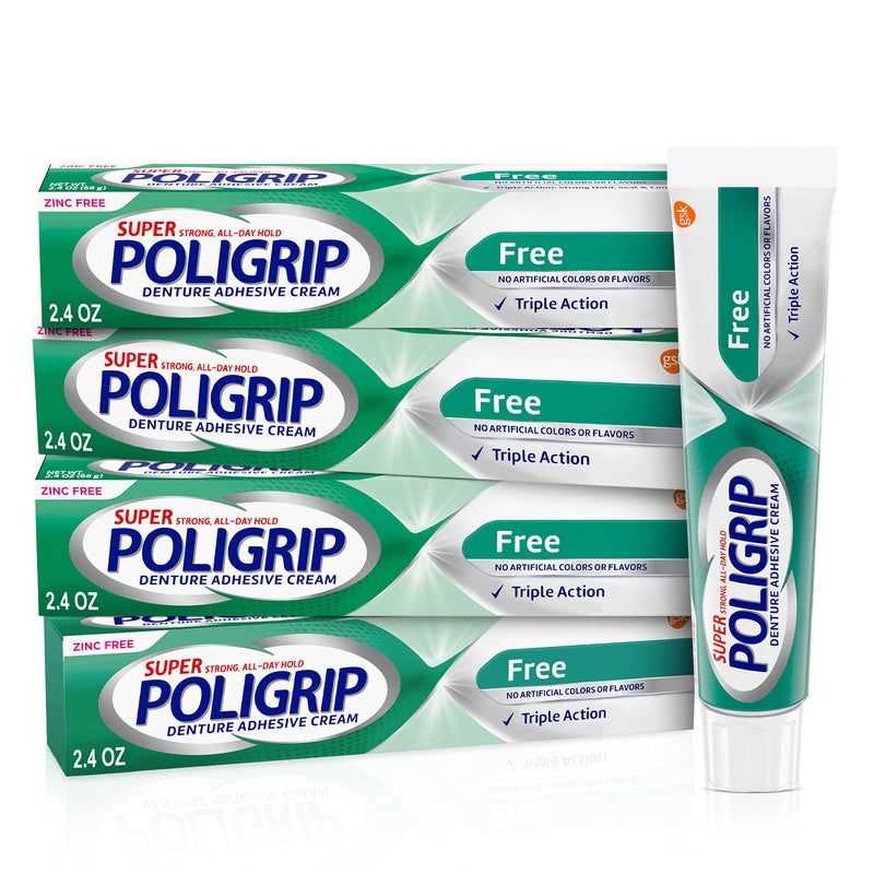 Super Poligrip Zinc Free Denture and Partials Adhesive Cream, 2.4 ounce (Pack of 4) - Image 1
