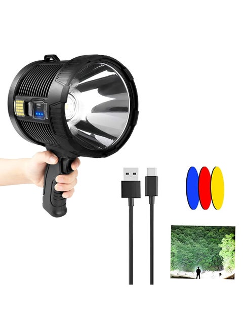 Handheld Solar Searchlight - Rechargeable LED Spot Lights with Cob Light, Super Bright 2200 Lumens with IPX5 Waterproofing, Large Flashlight with 6 Modes and 4 Color Lights for Camping and Hunting