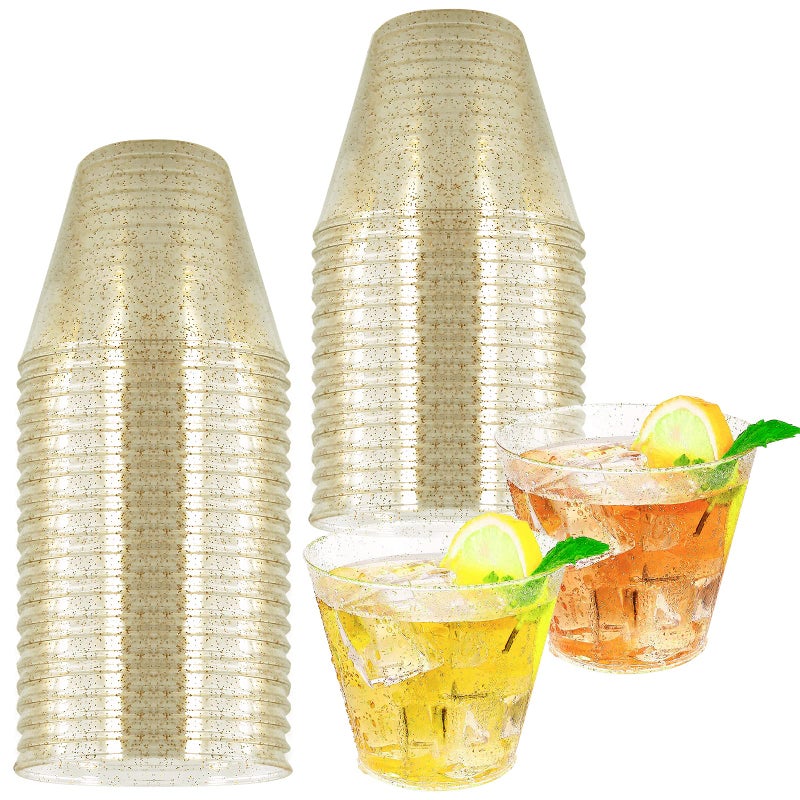 HKACSTHI 25 Pieces 9oz Plastic Cups Disposable Glitter Wine Glasses Clear Plastic Tumblers Dessert Cups Drinking Cups for Wedding Party Cocktail Gold