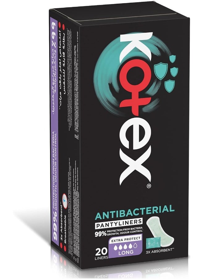 Kotex - Kotex Antibacterial Panty Liners, 99% Protection from Bacteria Growth, Long Size, 20 Daily Panty Liners - Image 1
