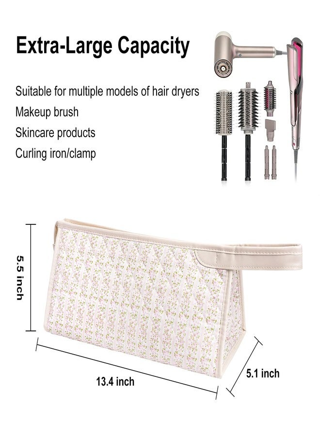 idoltimes Quilted Hair Tools Travel Bag, Compatible with Dyson Airwrap Styler, Portable Cotton Floral Organizer Case for Shark FlexStyle Attachments Storage, Pink Flower - Image 3
