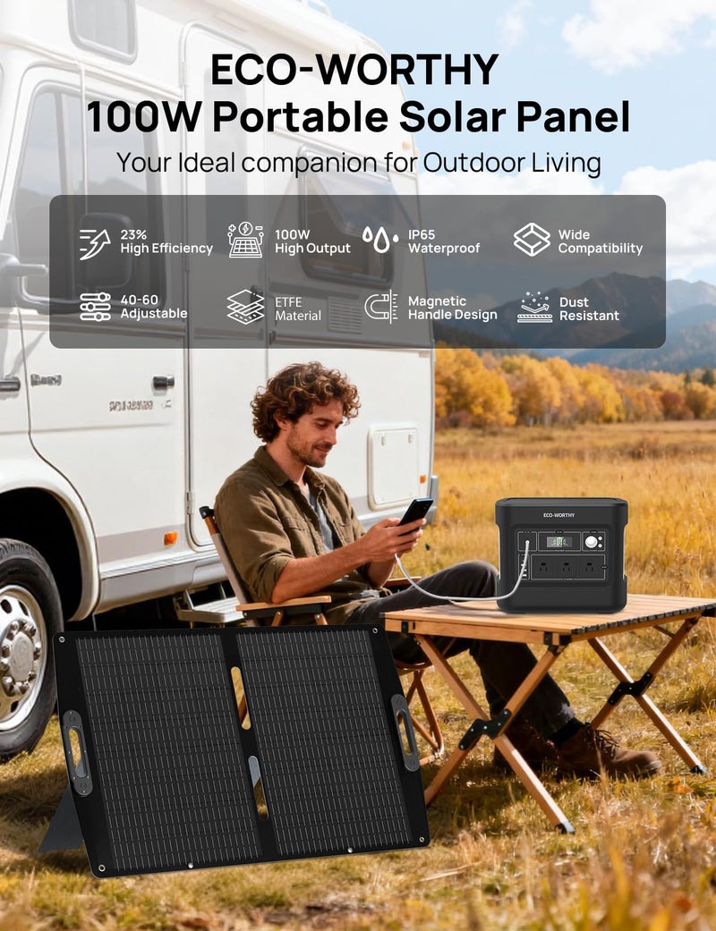 ECO-WORTHY 100W Portable Solar Panel for Power Stations,IP65 Waterproof & Lightweight with Adjustable Kickstand,23% High Efficiency Foldable Solar Panel for Outdoor RV Camping Off Grid Emergency - Image 2