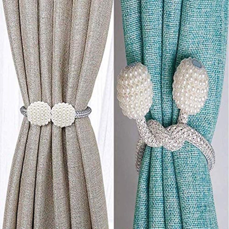 2 PCS Curtain Magnetic Tiebacks Fashion Home Drapes Window Curtain Tiebacks Strong Magnet Pearls Ball Strap Holdbacks Grey - Image 5