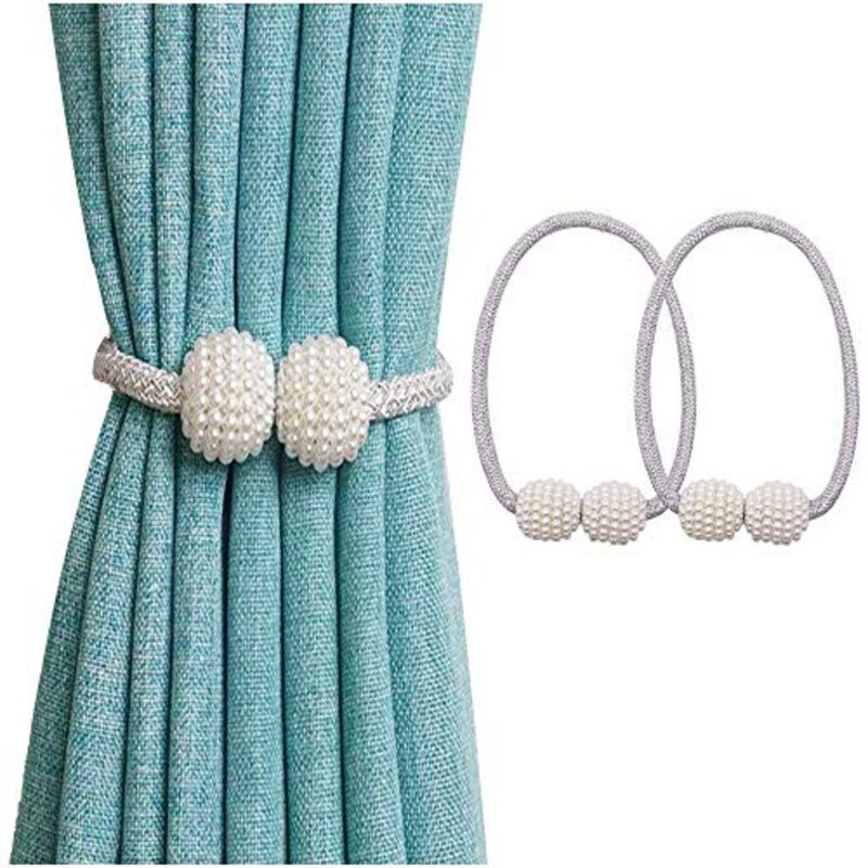 2 PCS Curtain Magnetic Tiebacks Fashion Home Drapes Window Curtain Tiebacks Strong Magnet Pearls Ball Strap Holdbacks Grey - Image 2