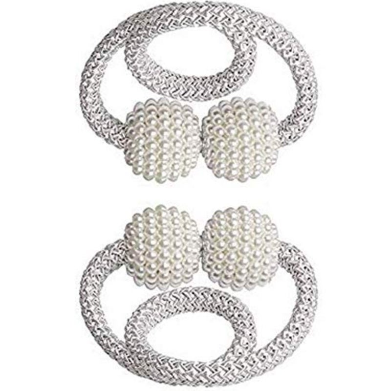 2 PCS Curtain Magnetic Tiebacks Fashion Home Drapes Window Curtain Tiebacks Strong Magnet Pearls Ball Strap Holdbacks Grey - Image 1