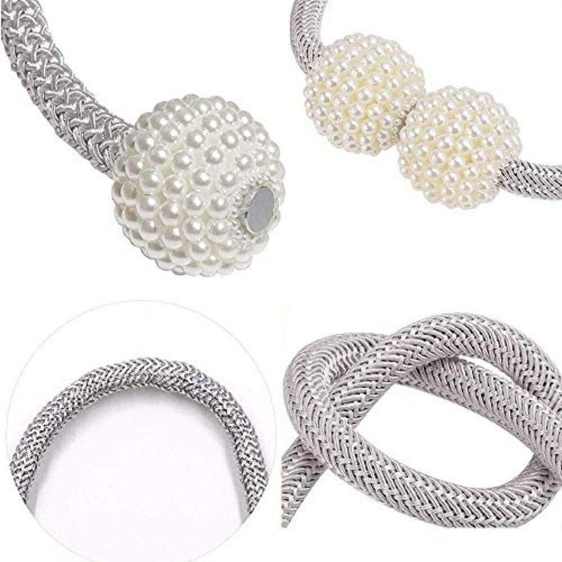 2 PCS Curtain Magnetic Tiebacks Fashion Home Drapes Window Curtain Tiebacks Strong Magnet Pearls Ball Strap Holdbacks Grey - Image 4