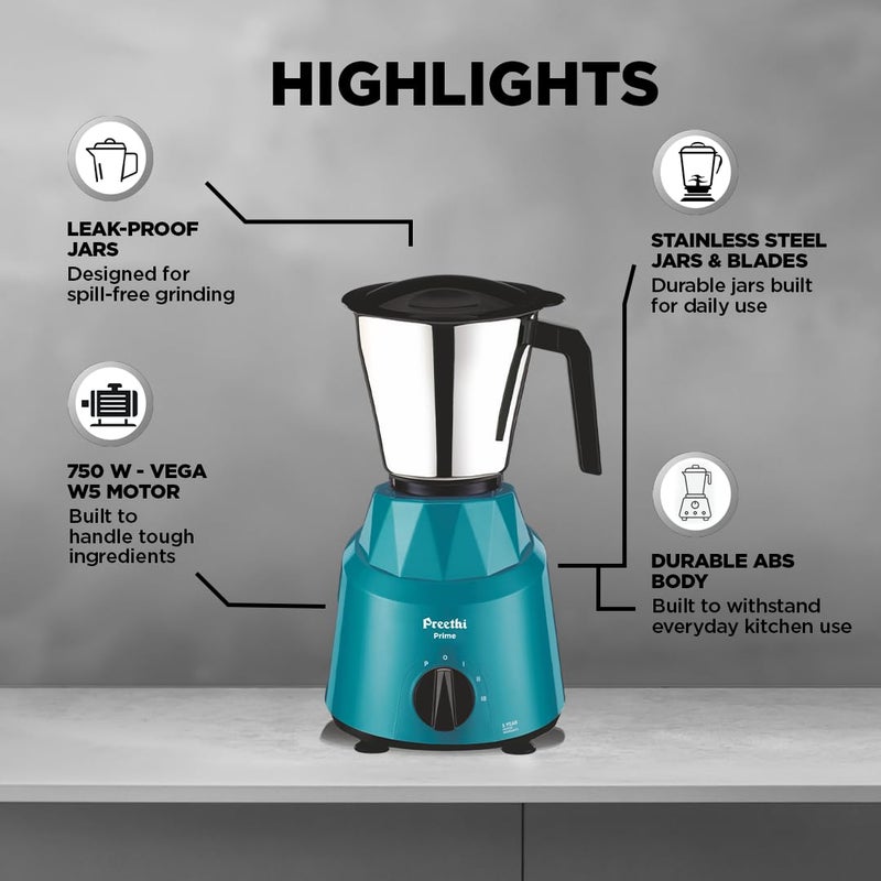 بريثي Preethi Prime Mixer Grinder for Kitchen I 3 Jars 750 Watt Mixie I Green (MG-286) 750 W MG286 green - Image 5
