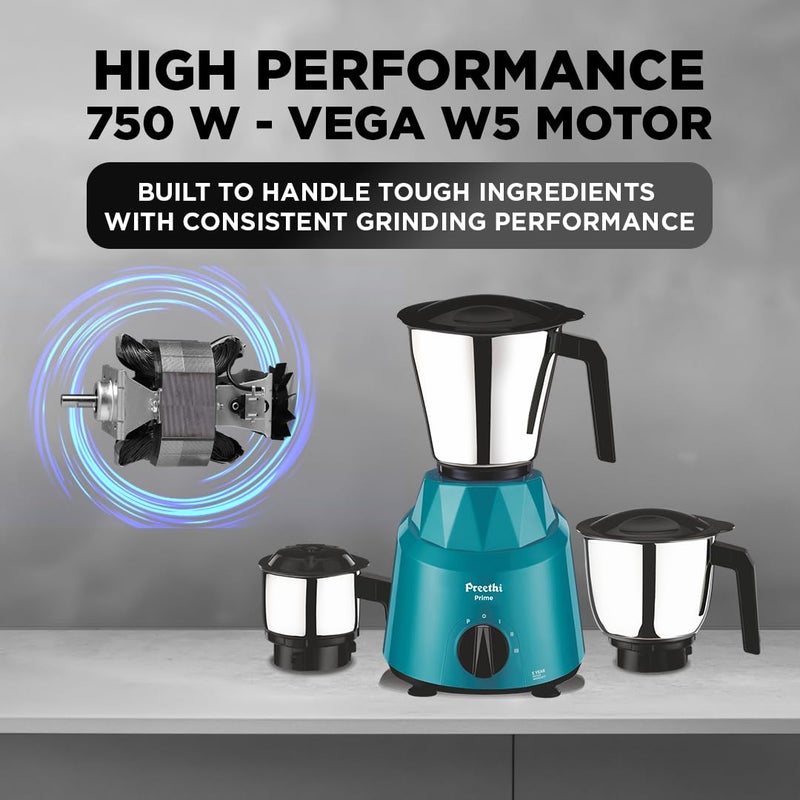 بريثي Preethi Prime Mixer Grinder for Kitchen I 3 Jars 750 Watt Mixie I Green (MG-286) 750 W MG286 green - Image 2