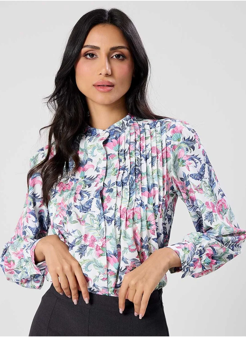 Zigzag Pintuck Detailed Sleeve White Printed Top