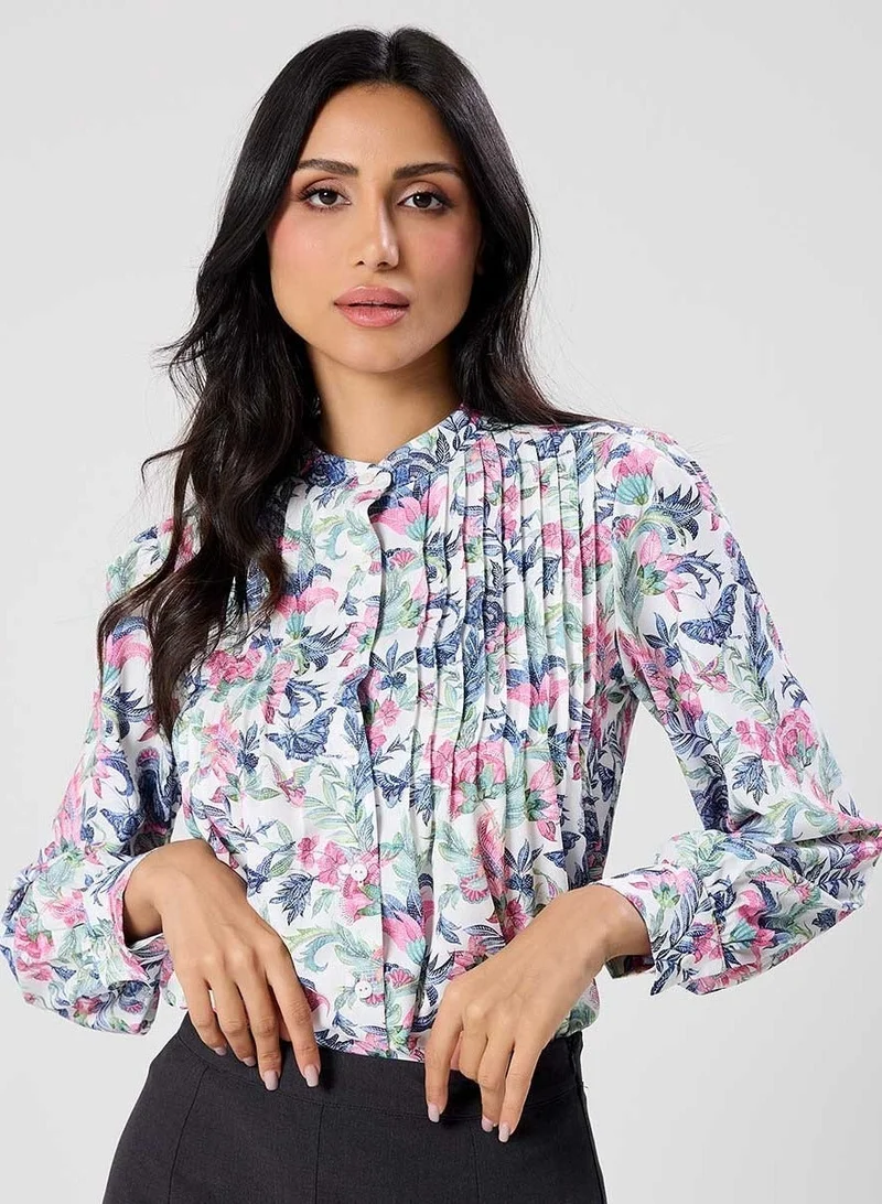 Zigzag Pintuck Detailed Sleeve White Printed Top