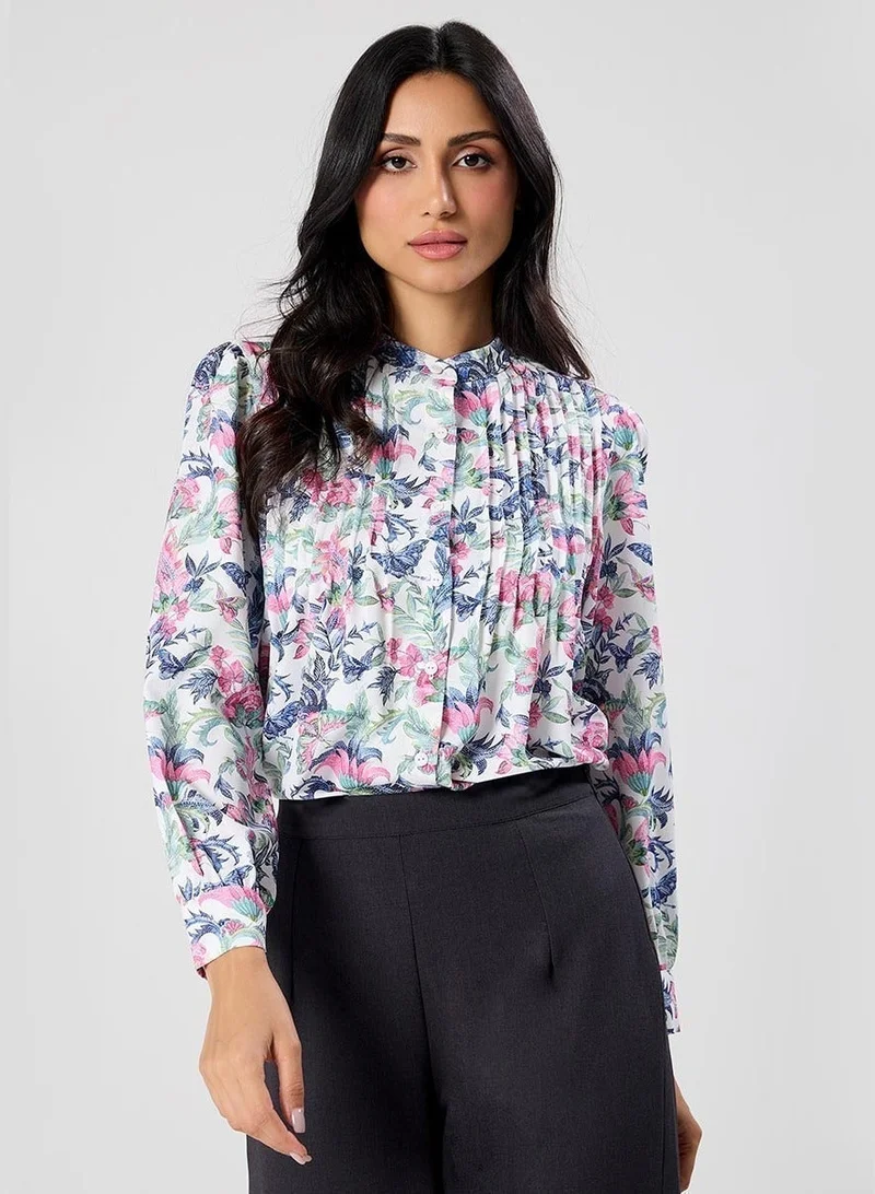 Zigzag Pintuck Detailed Sleeve White Printed Top