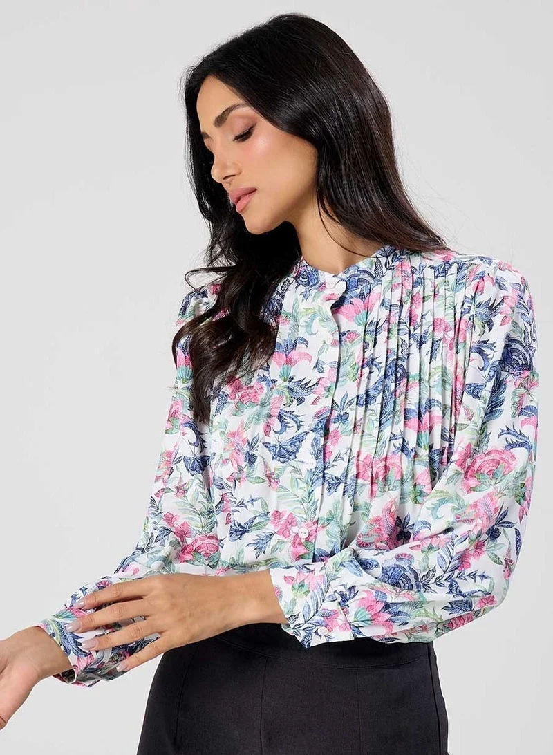 Zigzag Pintuck Detailed Sleeve White Printed Top