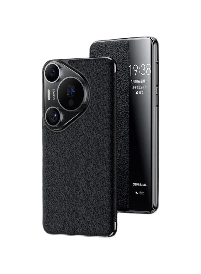 Koolife Compatible With Huawei Pura70Pro Phone Case, Huawei P70Pro/+ Protective Cover, Genuine Leather Flip-Style Smart View Window Case, Easy To Install, Full Protection, Shockproof, Simple Black - Image 1