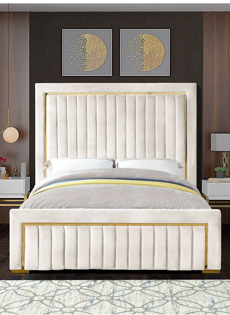 ألف فيرنيتشر Gold Trim High Headboard Velvet Upholstery King Bed  - Image 1