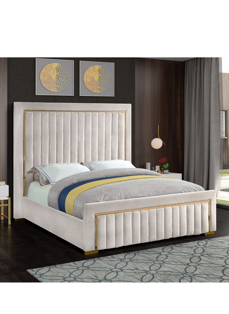 ألف فيرنيتشر Gold Trim High Headboard Velvet Upholstery King Bed  - Image 2