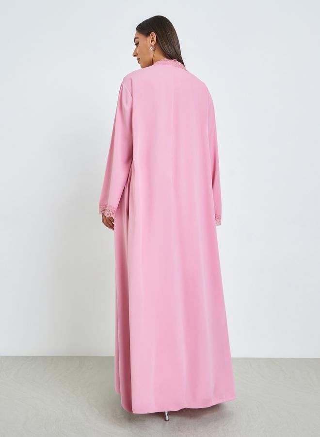 Amirah Pink Front Open Abaya with Lace Trim - Image 3