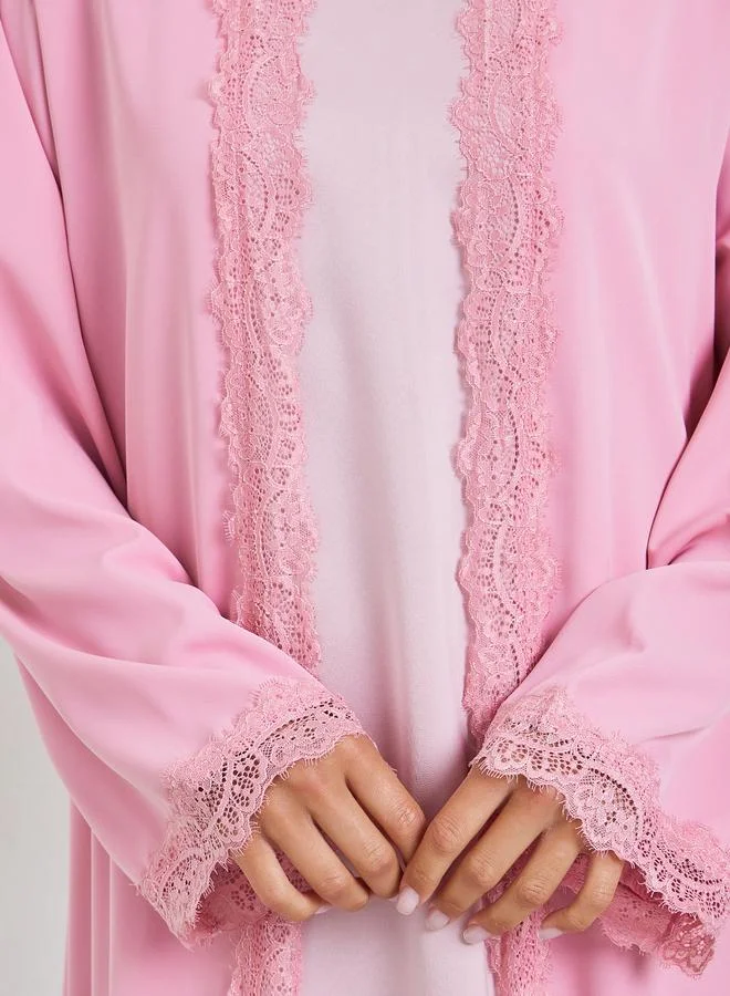 Amirah Pink Pink Front Open Abaya with Lace Trim for Women | Best Price UAE