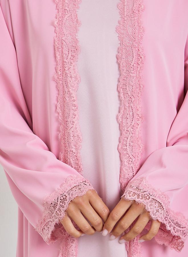 Amirah Pink Front Open Abaya with Lace Trim - Image 4