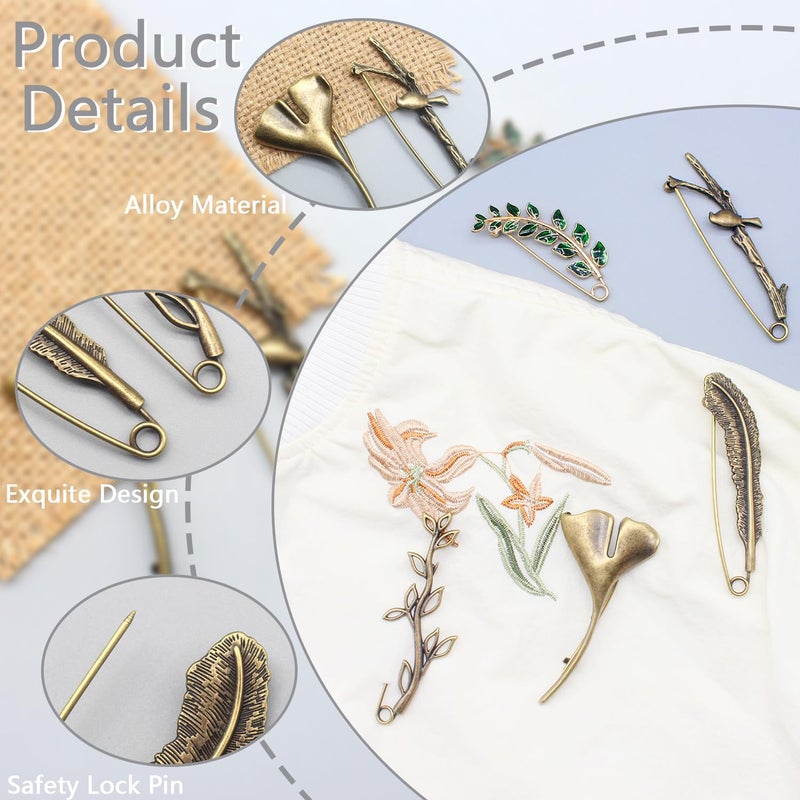 Benvo 5 Pcs Decorative Pins Safety Pins Steel Lock Pins Vintage Alloy Brooches Large Bronze Pins for Dressing Up Shawls Wraps Skirts Scarf Blankets Hats Capes - Image 3