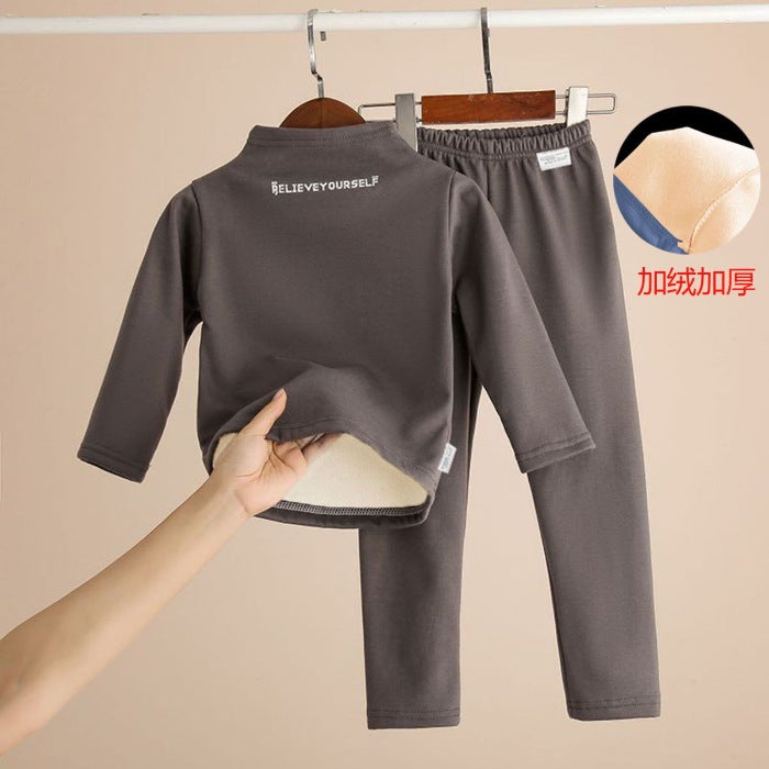Childrens fleece-lined thickened turtleneck bottoming shirt suit winter boys and girls long johns underwear suit baby middle and big children Gray suit