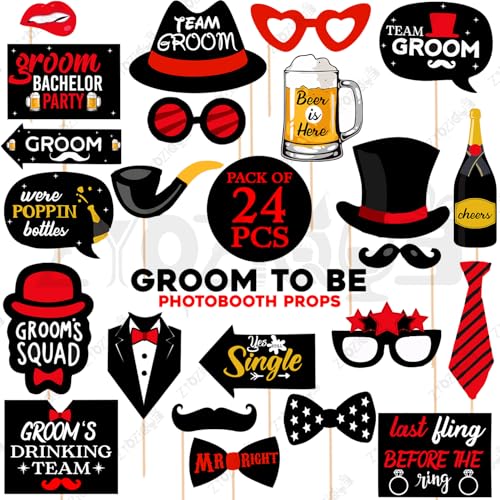 Zyozique 24 Pcs Bachelor Party Photo Booth Props for Groom | Team Groom, Groom Squad, Beer Party Props | Wedding & Bachelor Party Decoration Kit (Black & Red Theme) - Image 2