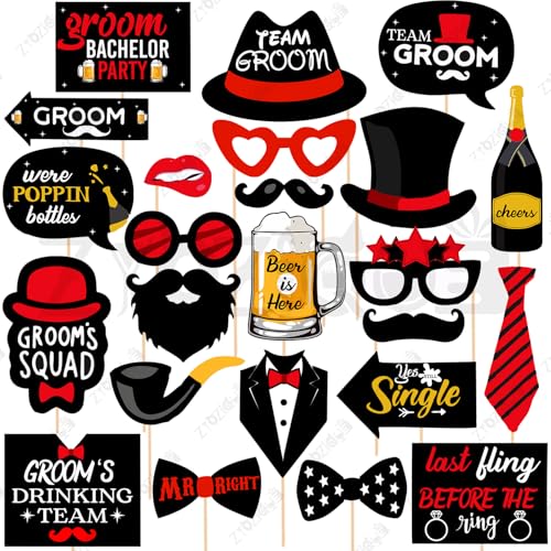 Zyozique 24 Pcs Bachelor Party Photo Booth Props for Groom | Team Groom, Groom Squad, Beer Party Props | Wedding & Bachelor Party Decoration Kit (Black & Red Theme) - Image 1