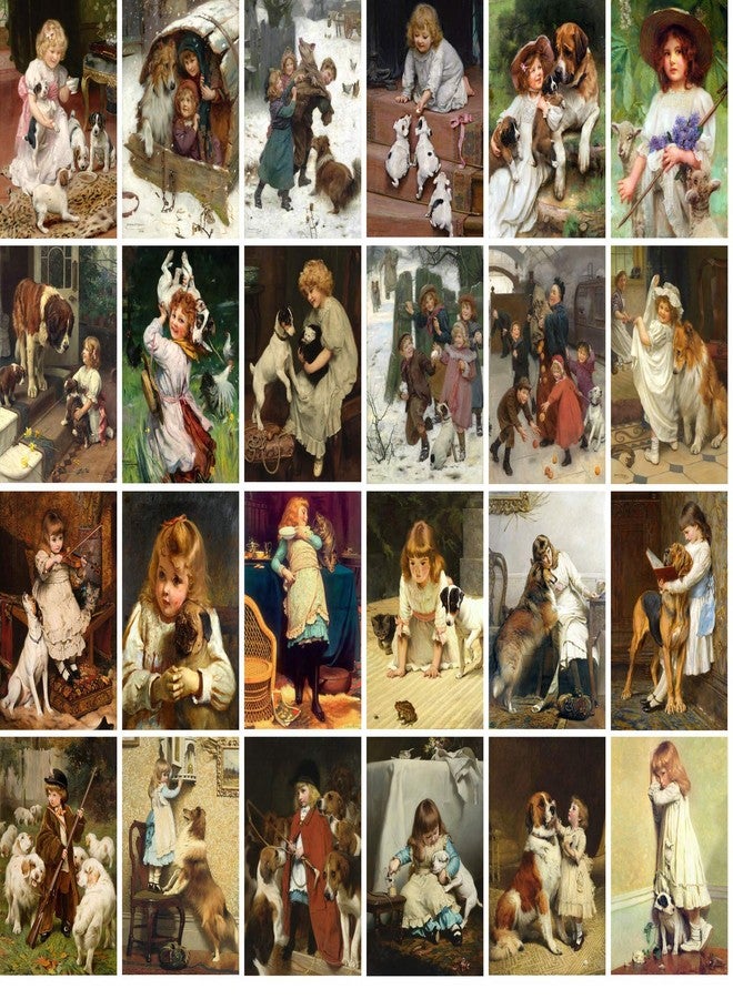 PIXILUV Vintage PostCards 24 pcs Cute Kids and Kitten and Puppy Playing Vintage Antique Museum Painting - Image 2