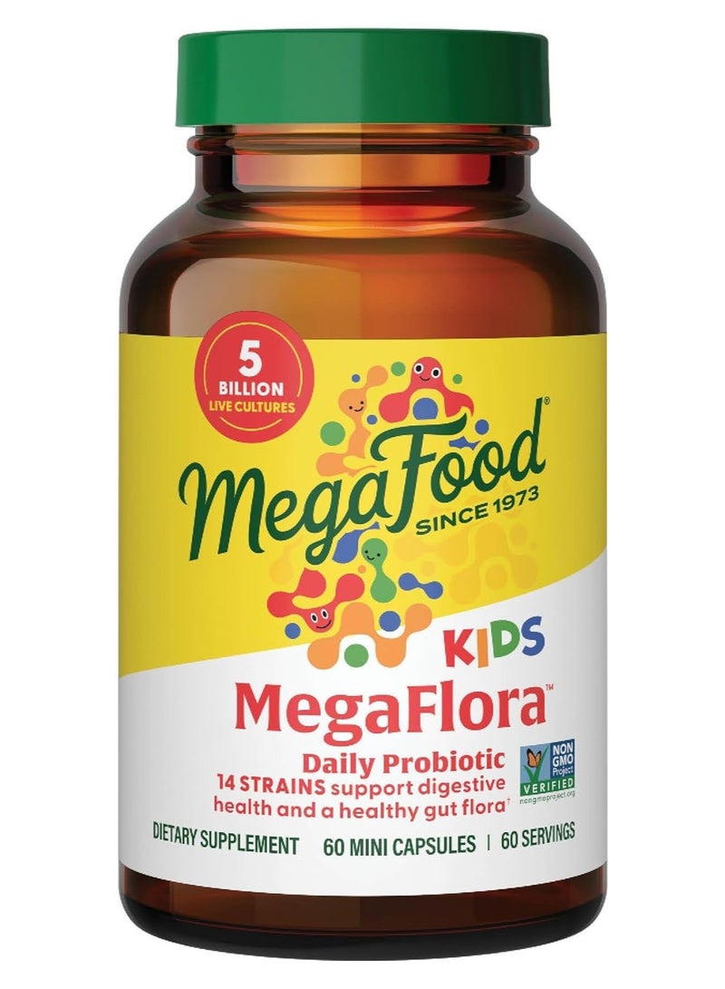MegaFood MegaFlora Kids Daily Probiotic - 14 strains Support Digestive Health and a Healthy Gut Flora, 60 Mini Capsules 60 sevings. - Image 1