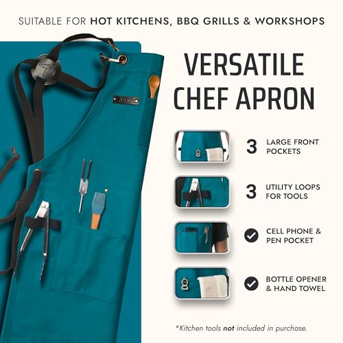 Asaya Chef BBQ Apron with Pockets Cross Back Canvas Cooking Apron for Women and Men Adjustable Work Grilling Aprons with Pocket Bottle Opener and Hand Towel 10oz Cotton Canvas BlueGreen - Image 3