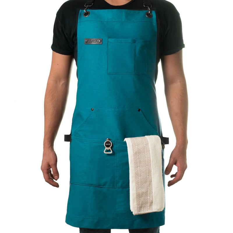 Asaya Chef BBQ Apron with Pockets Cross Back Canvas Cooking Apron for Women and Men Adjustable Work Grilling Aprons with Pocket Bottle Opener and Hand Towel 10oz Cotton Canvas BlueGreen - Image 2