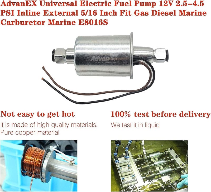 AdvanEX Universal Electric Fuel Pump 12V 2.5-4.5PSI Inline External 5/16 Inch Compatiable with Gas Diesel Marine Carburetor Marine E8016S - Image 3