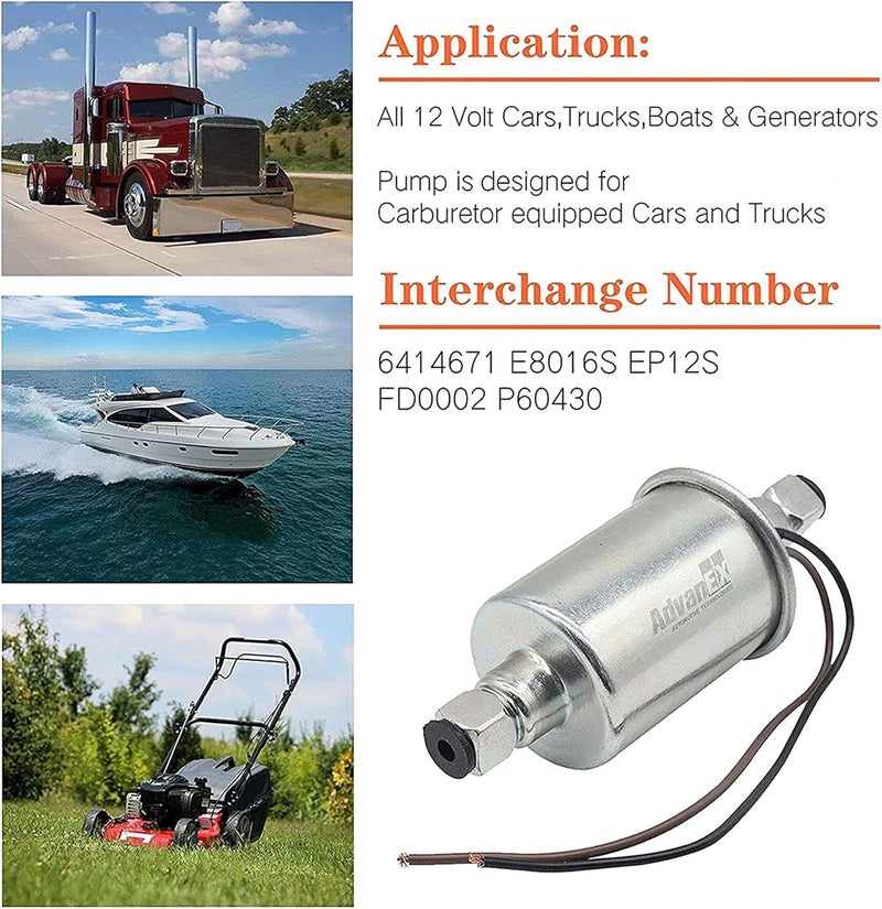 AdvanEX Universal Electric Fuel Pump 12V 2.5-4.5PSI Inline External 5/16 Inch Compatiable with Gas Diesel Marine Carburetor Marine E8016S - Image 2