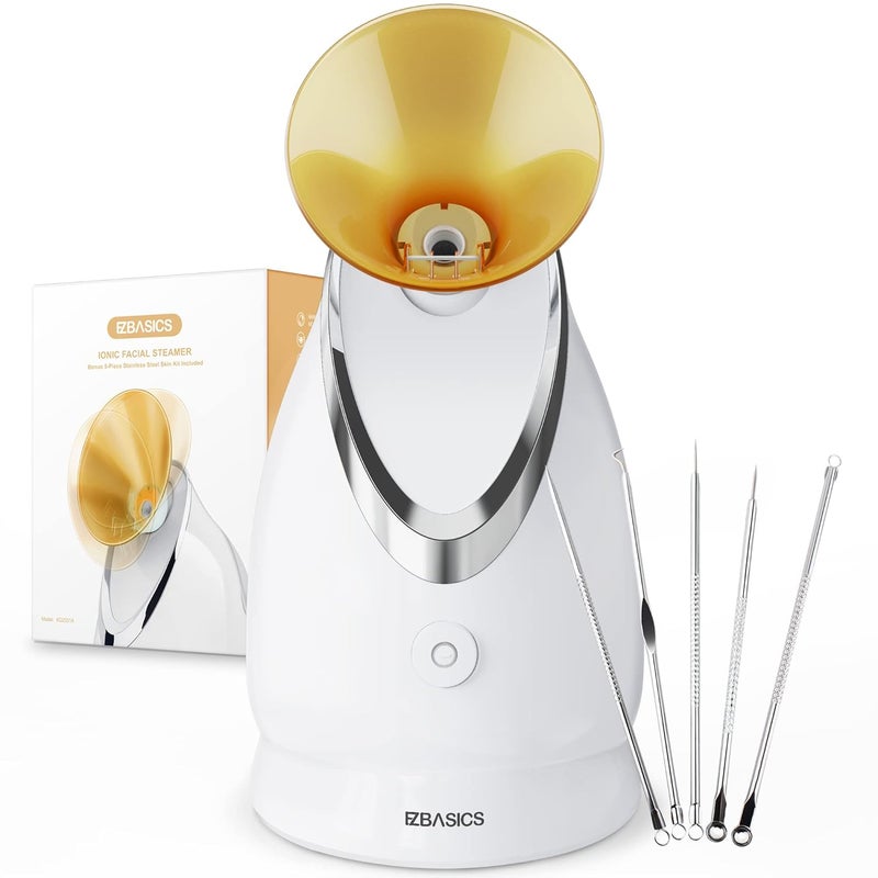 EZBASICS Facial Steamer Ionic Face Steamer for Home Facial, Warm Mist Humidifier Atomizer for Face Sauna Spa Sinuses Moisturizing, Unclogs Pores, 1 Pack + 5 Stainless Steel Skin Kit Golden Yellow - Image 1