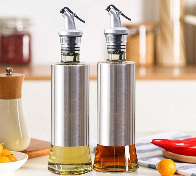 BRUSHFINCH Glass Olive Oil Vinegar Dispenser Gravy Boat Kitchen Oil Bottle Stainless Steel LeakProof Soy Sauce Vinegar Storage Oil Bottle Oil Dispenser Oil Dispenser for Kitchen 500ml 2 Piece