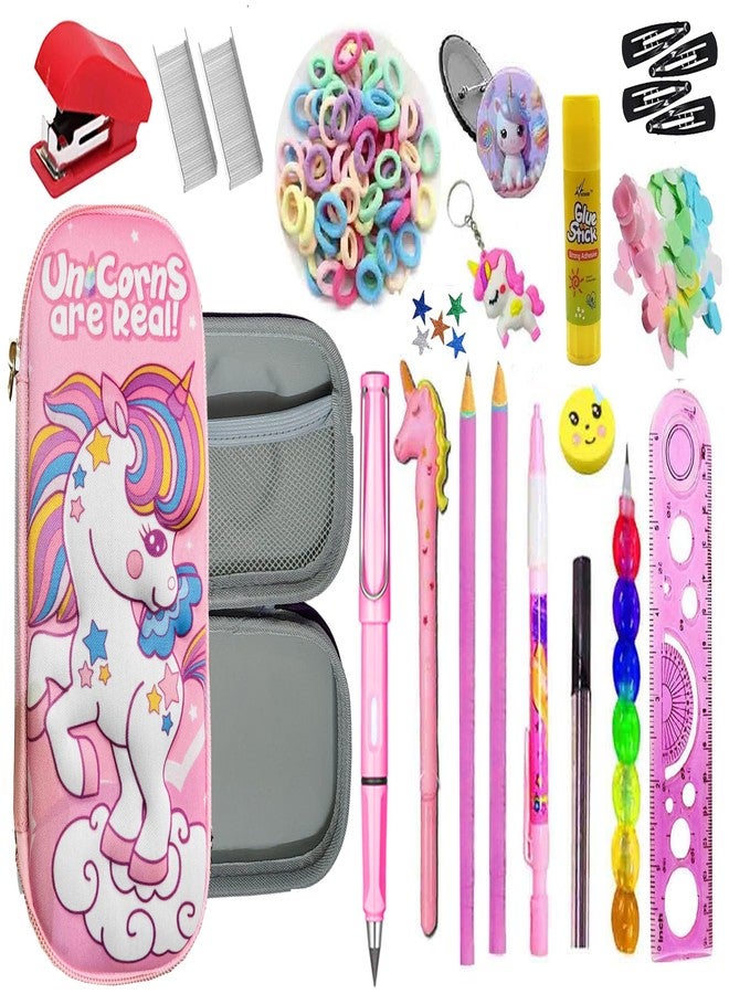 17pcs Unicorn Theme School Stationery Combo for Girls 3d Large Capacity Unicorns Pencil Pouch with All Stationeries Pen Pencil Eraser Scale Glue Badge Birthday Gift Return Gifts Party Favors for Girl