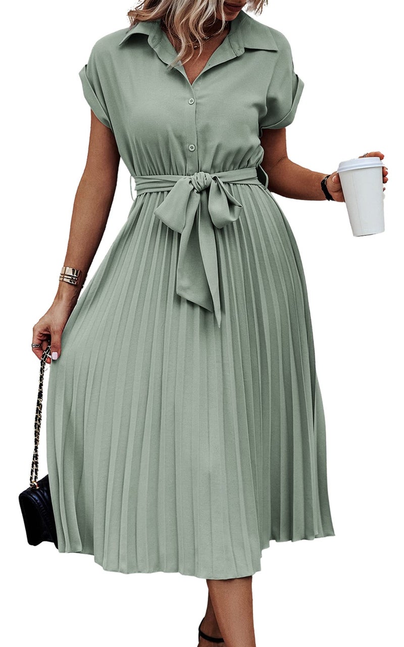 ECOWISH Womens Casual Midi Dresses Solid V Neck Short Sleeve Button Shirt Belted Dress with Pockets for Spring Summer 2026 B-Light Green M - Image 1