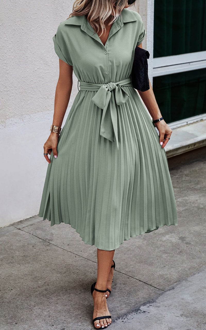 ECOWISH Womens Casual Midi Dresses Solid V Neck Short Sleeve Button Shirt Belted Dress with Pockets for Spring Summer 2026 B-Light Green M - Image 2