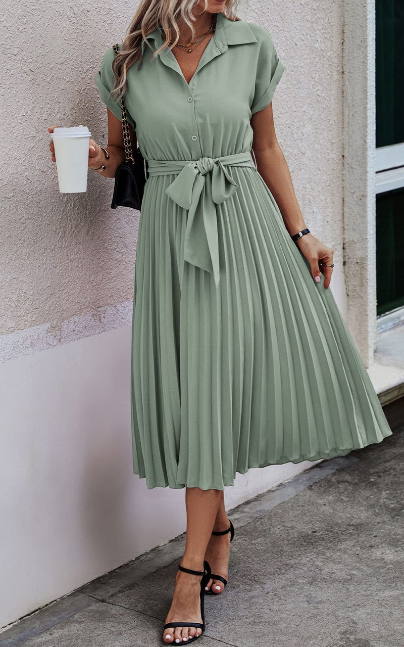 ECOWISH Womens Casual Midi Dresses Solid V Neck Short Sleeve Button Shirt Belted Dress with Pockets for Spring Summer 2026 B-Light Green M - Image 5