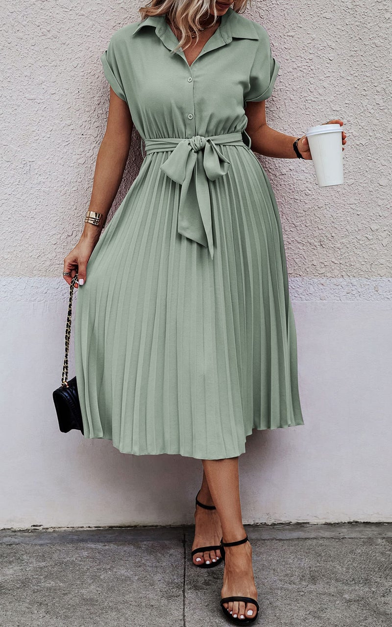 ECOWISH Womens Casual Midi Dresses Solid V Neck Short Sleeve Button Shirt Belted Dress with Pockets for Spring Summer 2026 B-Light Green M - Image 3