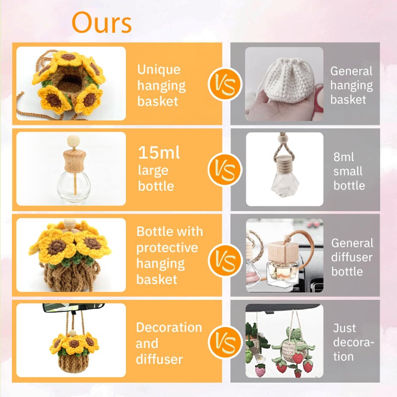 SGIBYN Crochet Car Air Freshener, 15ml Empty Refillable Oil Diffuser Bottle with Hanging Crochet Sunflower for Car Rearview Mirror Decor Air Freshener Diffuser for Home, and Office Decor(Sunflower) - Image 5